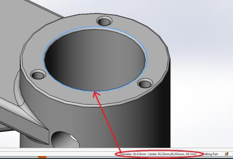 SOLIDWORKS Status Bar Measurements - Diameter and center of a Circular Edge